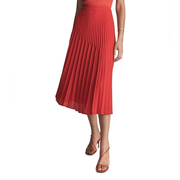 Reiss Izzie Red Pleated Midi Skirt Size 0 NWT
